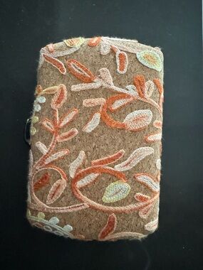 Embroidered Cork Clutch - Neutral Tan with Orange & Cream Floral